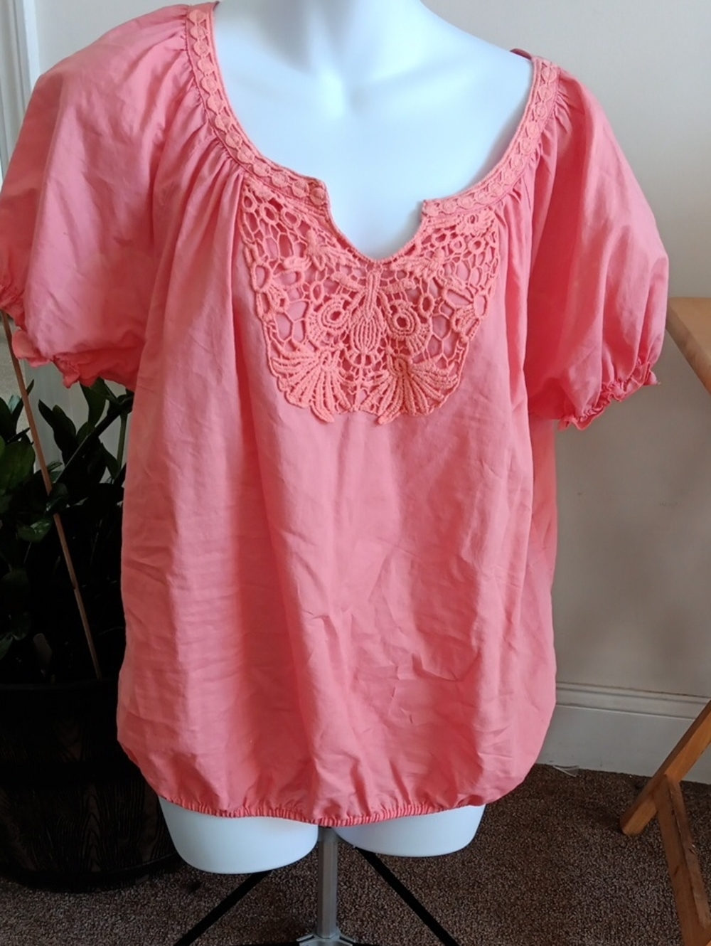 Hester's Orchard Coral Crochet-Neck Peasant Top
